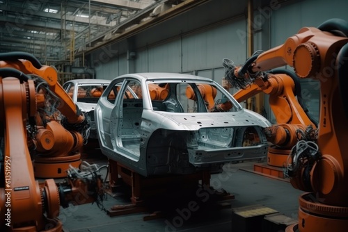 Robotic conveyor line for car assembly. Modern workshop with automated equipment. Mechanical assembly of car bodies. Automated production of cars at the factory, complete replacement for Generative AI © Georgii