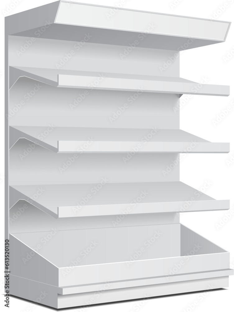 Mockup Blank Long Empty Showcase Display With Retail Shelves. Perspective View 3D. Illustration Isolated On White Background. Mock Up Template Ready For Your Design. Product Advertising. Vector EPS10 Mockup Blank Long Empty Showcase Display With Retail Shelves. Perspective View 3D. Illustration Isolated On White Background. Mock Up Template Ready For Your Design. Product Advertising. Vector EPS10