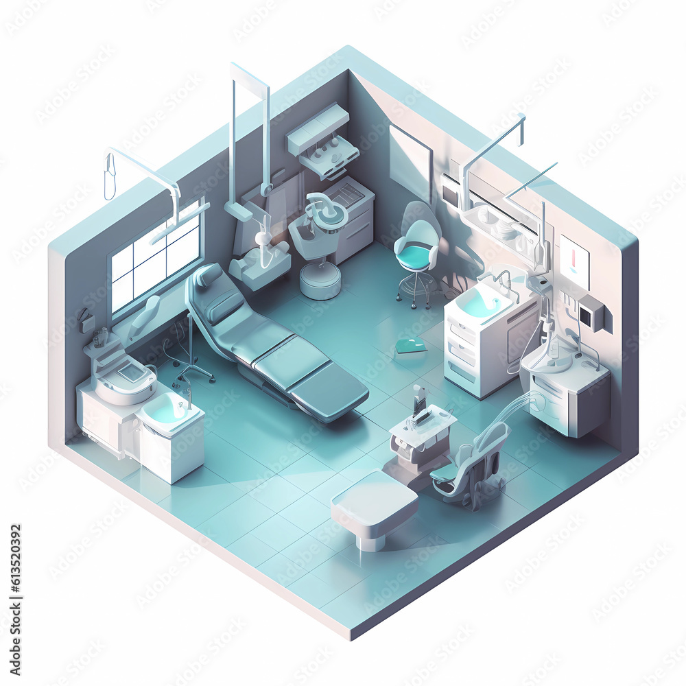 Detailed isometric dental office with dentist chair and equipment on isolated background Detailed isometric dental office with dentist chair and equipment on isolated background
