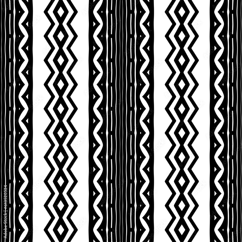 Vector geometric ornament in ethnic style. Seamless pattern with abstract shapes. Black and white geometric wallpaper. Repeating pattern for decor, textile and fabric. Abstraction art. Vector geometric ornament in ethnic style. Seamless pattern with abstract shapes. Black and white geometric wallpaper. Repeating pattern for decor, textile and fabric. Abstraction art.
