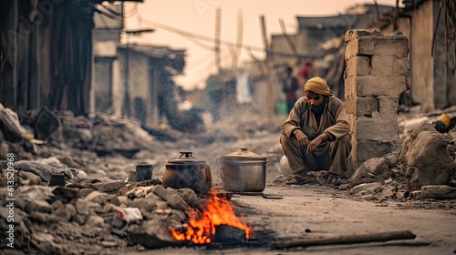 A man sits alone in a slum street.