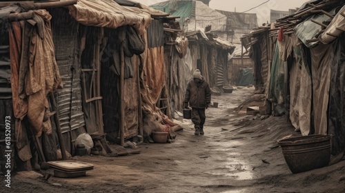 A man walk down a wet street in a slum.