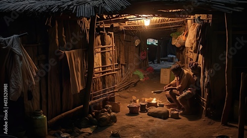 A man sits in a tunnel located in a slum.