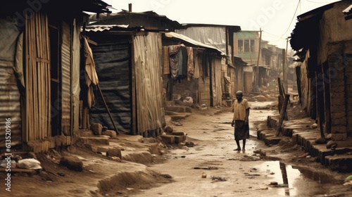 A view of a slum street, depicting poverty.