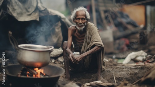 A man sits by a big cooking pot in a slum.