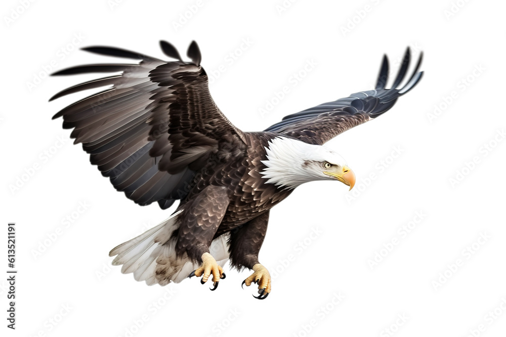 Fototapeta premium Image of a bald eagle spreading wings on white background. Birds. Wildlife Animals. Illustration, Generative AI.