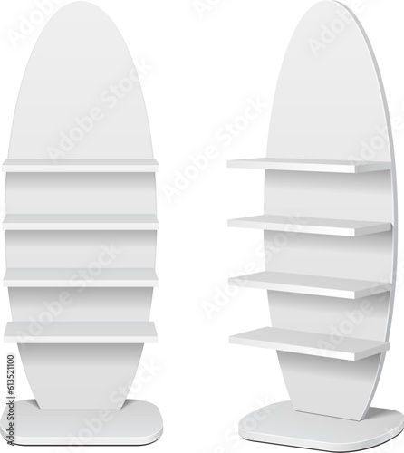 Blank Ellipse Empty Showcase Display With Retail Shelves. 3D, Front View. Illustration Isolated On White Background. Mock Up Template Ready For Your Design. Product Advertising. Vector EPS10