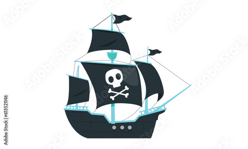 modern sailing pirate ship with black sails and a skull with daggers. 3d illustration