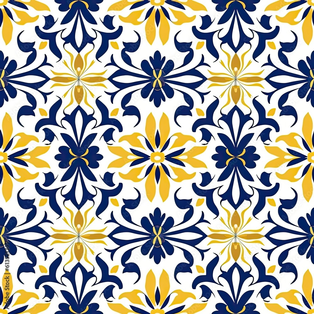 tile pattern arabesque style blue and white and yellow generative ai