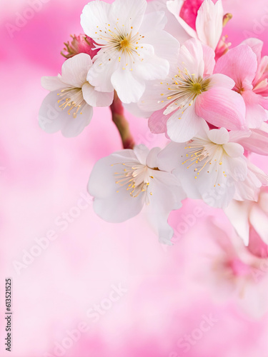 Cherry blossom background  Blurred pastel pink tone   there is an area for text in the corners of the picture. Generative AI.