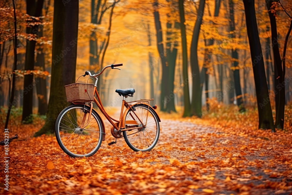 parked one bicycle in a beautiful autumn forest generative ai