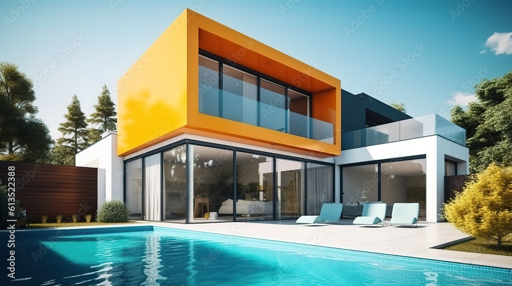 Fototapeta premium Modern villa with pool and garden. Generative Ai