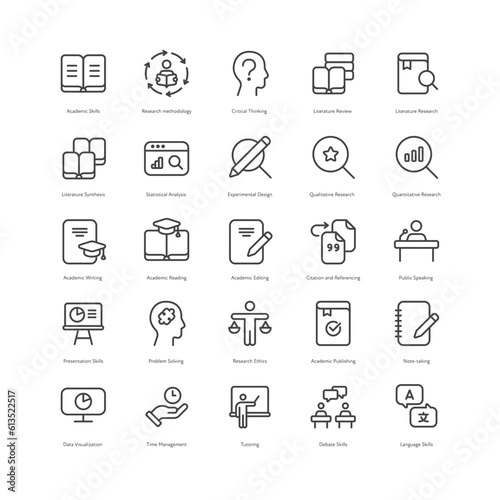 Outline style ui icons hard science skill collection. Vector black linear icon illustration set. Academic, research, education scientist competance symbol isolated on white. Design for education