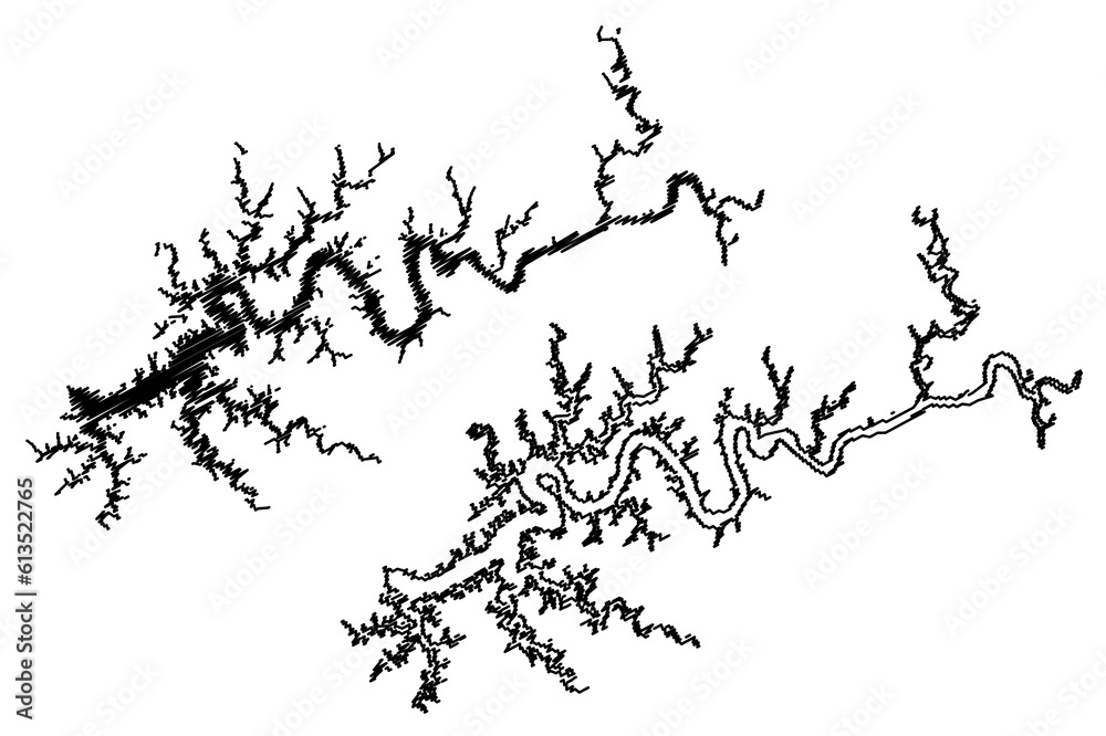 Lake Cumberland Reservoir (United States of America, North America, us, usa, Kentucky) map vector illustration, scribble sketch Wolf Creek Dam map Lake Cumberland Reservoir (United States of America, North America, us, usa, Kentucky) map vector illustration, scribble sketch Wolf Creek Dam map