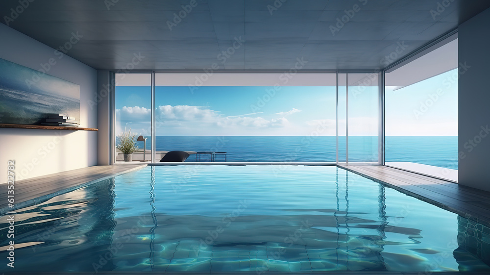 Sea view swimming pool in modern loft design,Luxury ocean Beach house. Generative Ai