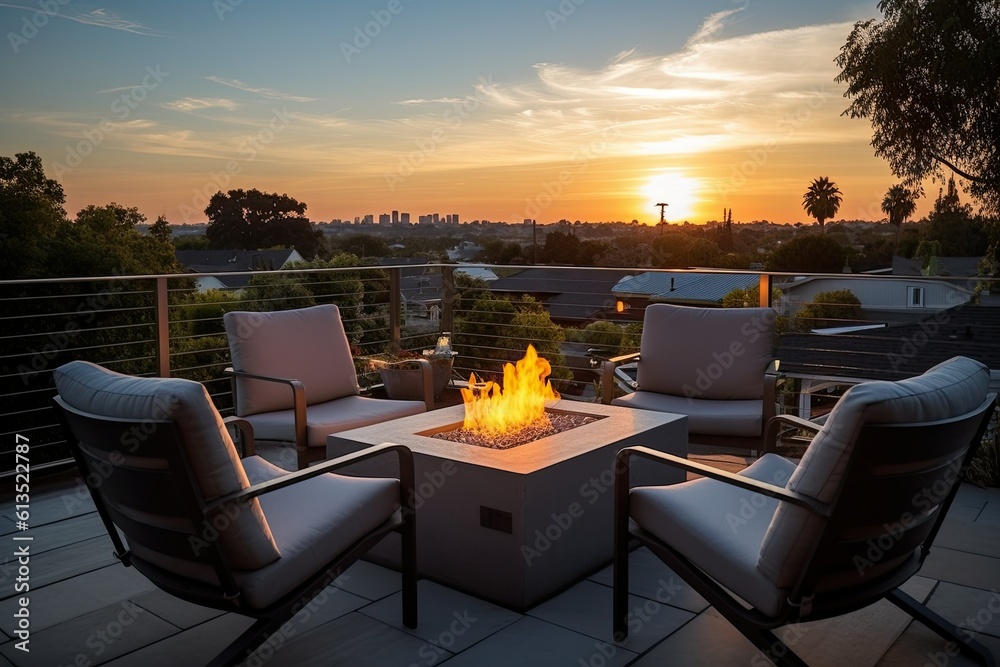 concept of relaxation and communication Outdoor backyard fire pit with grey modern outdoor furniture chairs seating on a sunset residential house terrace generative ai - obrazy, fototapety, plakaty 