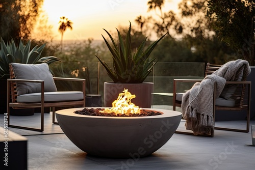 concept of relaxation and communication Outdoor backyard fire pit with grey modern outdoor furniture chairs seating on a sunset residential house terrace generative ai photo