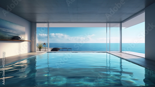 Sea view swimming pool in modern loft design,Luxury ocean Beach house. Generative Ai © hassanmim2021