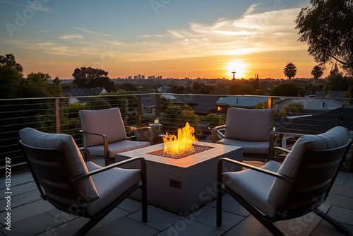 concept of relaxation and communication Outdoor backyard fire pit with grey modern outdoor furniture chairs seating on a sunset residential house terrace generative ai photo