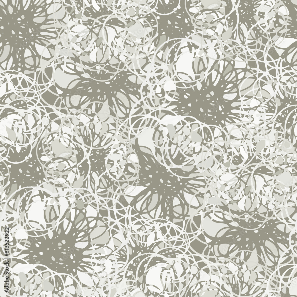 Fototapeta premium Neutral surreal flower seamless vector texture pattern background. Scattered overlapping flowers creating weave swirl effect. Blended beige ecru melange abstract botanical design. Art style floral