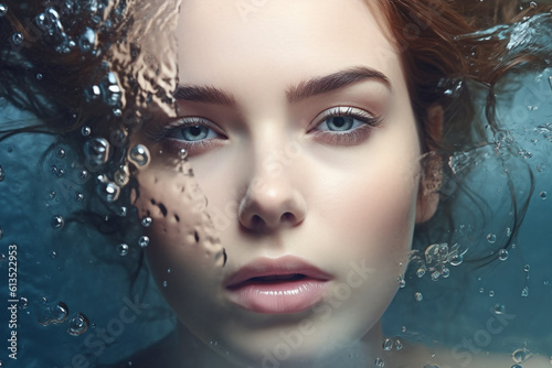 Fashion portrait of beautiful young woman with long curly hair underwater. Beautiful woman face under water. Close-up portrait of a beautiful young woman in water drops. Beauty, fashion.  AI generated