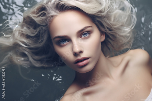 Fashion portrait of beautiful young woman with long curly hair underwater. Portrait of a beautiful girl with blond wavy over water. Close-up portrait of a beautiful blonde. Skin Care.  AI generated