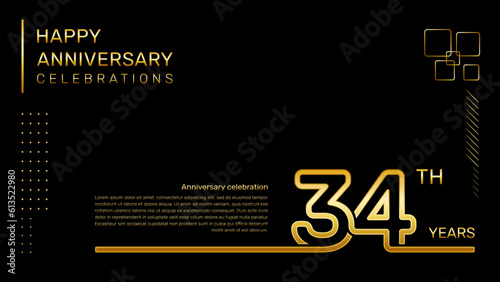 34 year anniversary template with gold color number and text, vector template