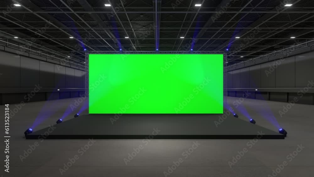 Motion Empty stage Design for mockup and Corporate identity,Display.Stage green screen in hall.Blank screen for Graphic Resources.Scene event led night light staging.Animation loop 4k.3D render.	