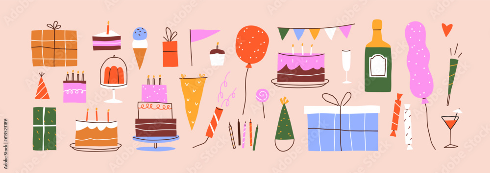Happy birthday elements set. Festive decoration items, gift boxes, balloons, cakes, candles for holiday celebration. Presents, garlands, party hats bundle. Colorful isolated flat vector illustrations Happy birthday elements set. Festive decoration items, gift boxes, balloons, cakes, candles for holiday celebration. Presents, garlands, party hats bundle. Colorful isolated flat vector illustrations