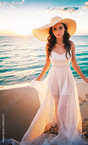 illustrazione con giovane donna in leggero abito bianco e cappello in paglia, lunghi capelli bruni sciolti sulle spalle, sfondo mare estivo, spiaggia, figura intera, generative ai photo