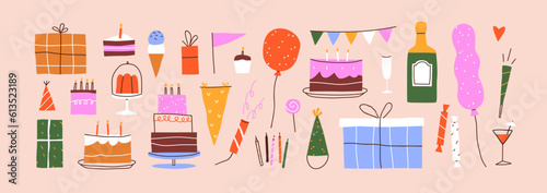 Happy birthday elements set. Festive decoration items, gift boxes, balloons, cakes, candles for holiday celebration. Presents, garlands, party hats bundle. Colorful isolated flat vector illustrations