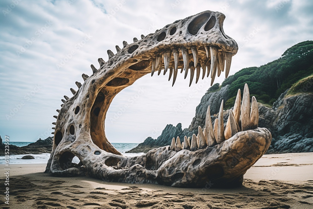 Large Alligator Sculpture with Open Mouth on Sandy Beach - AI Generative