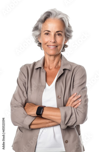 Middle-aged woman, a successful woman leader portrait. Isolated on transparent white background. Generative AI