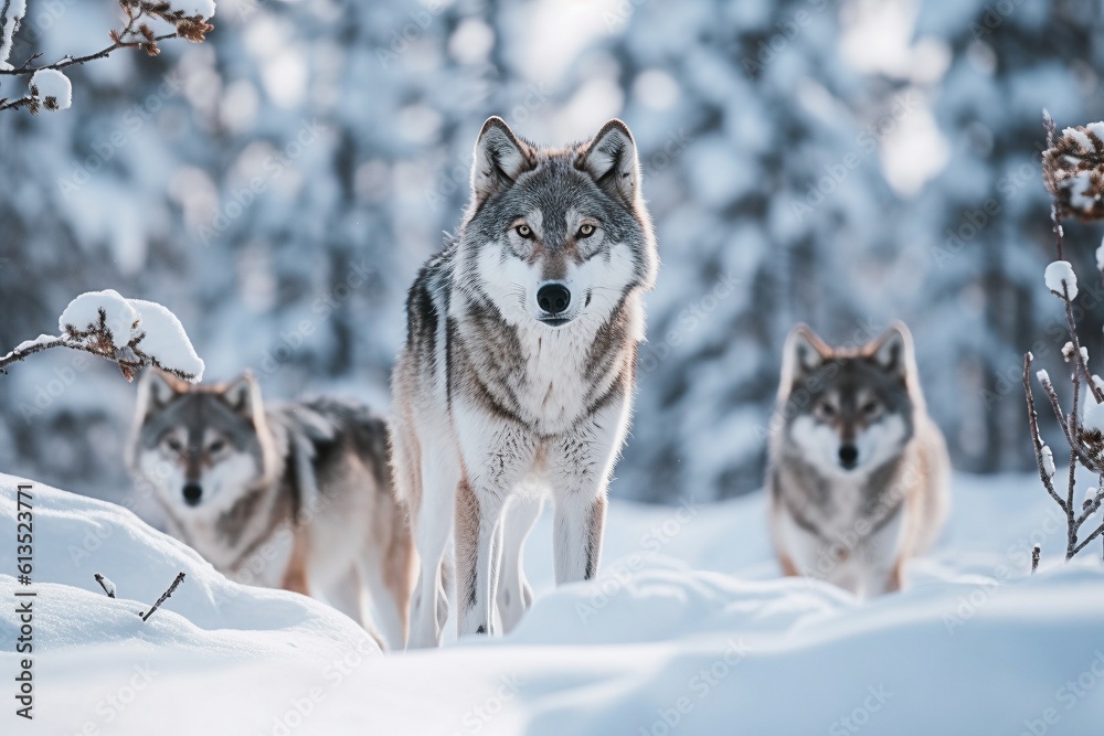 Pack of Wolves Walking Together in Snowy Landscape - AI Generative Pack of Wolves Walking Together in Snowy Landscape - AI Generative