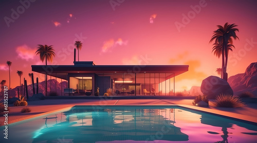 Luxury Home with Pool at Sunset. Generative Ai © hassanmim2021