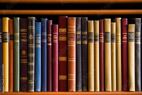 A shot of a row of neatly arranged library books on a shelf.  Generative AI