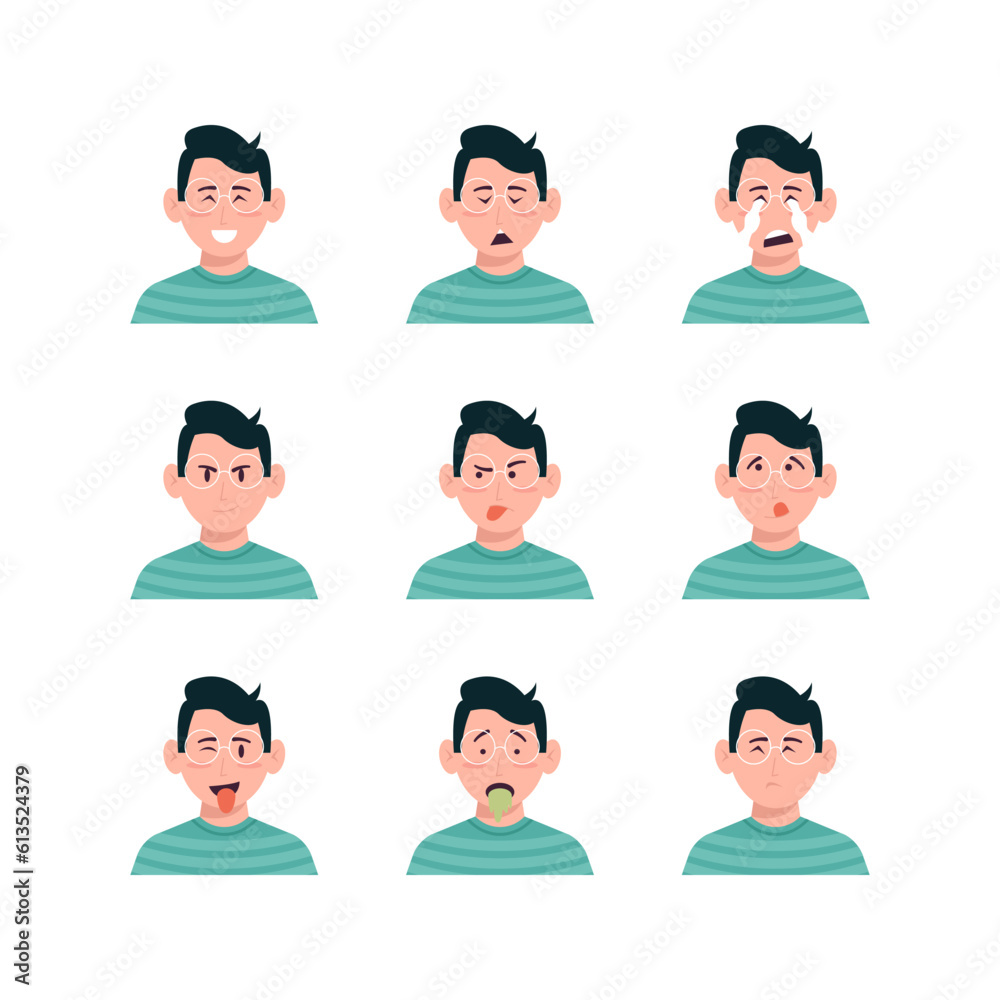 Set Of Adult Man Use Glasses Face Expression Avatars Vector Set Of Adult Man Use Glasses Face Expression Avatars Vector