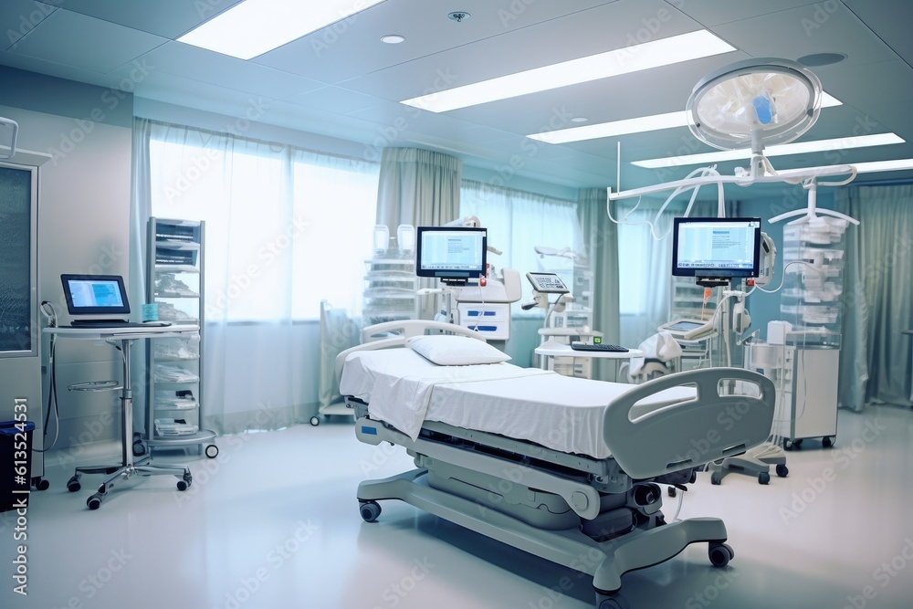 A wide - angle shot of a hospital room interior, focusing on the modern medical equipment and technology. Generative AI A wide - angle shot of a hospital room interior, focusing on the modern medical equipment and technology. Generative AI