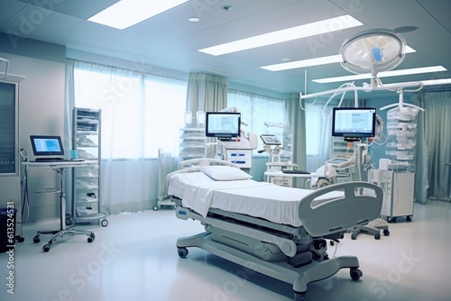 A wide - angle shot of a hospital room interior  focusing on the modern medical equipment and technology. Generative AI
