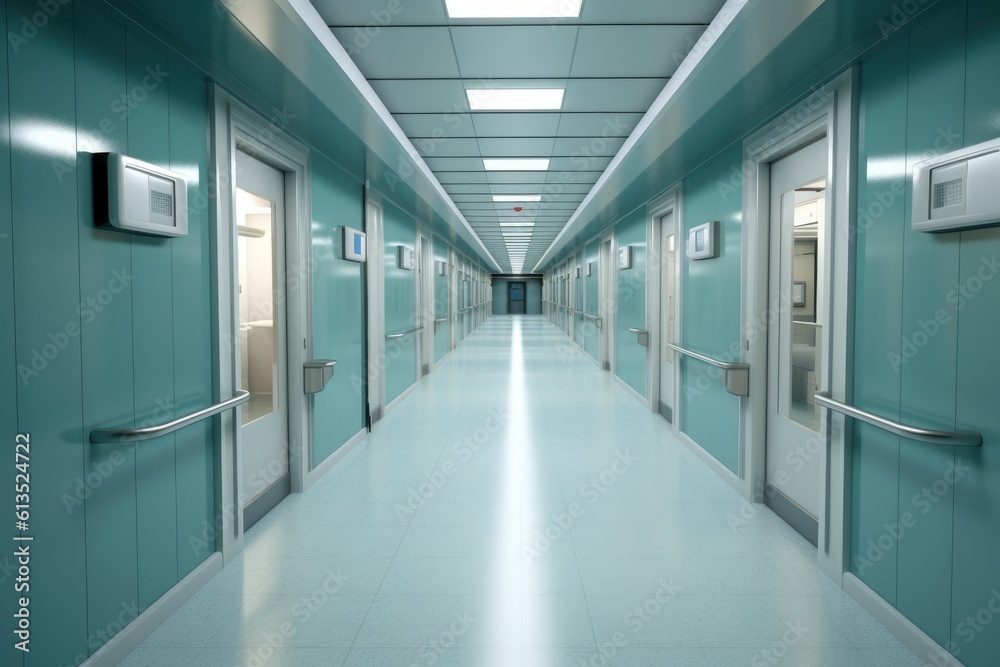 An overhead shot of a hospital hallway with closed doors on either side. Generative AI