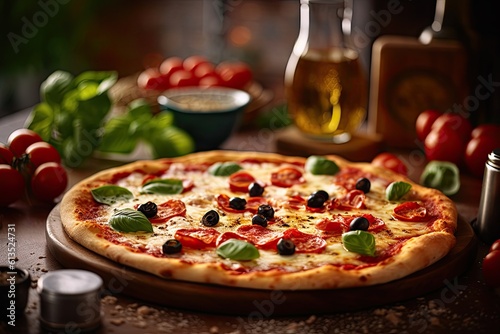 Authentic Italian Pizza Margherita with Olives, Basil and Tomatoes - Perfect for a Mediterranean Meal: Generative AI