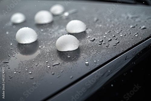The Aftermath of a Heavy Summer Storm: A Closeup of Small Hailstone Ice Balls on a Car Hood, Generative AI