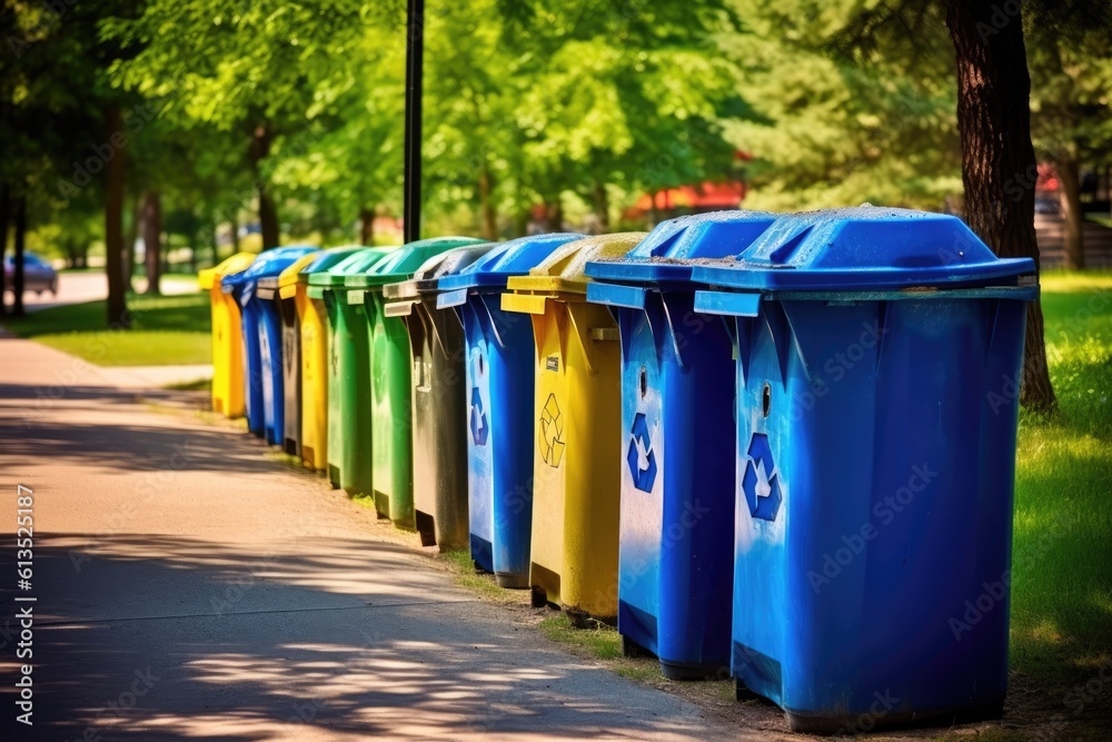 A shot of a row of recycling bins in a well - maintained city park. Generative AI A shot of a row of recycling bins in a well - maintained city park. Generative AI