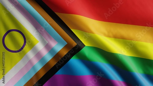 LGBT Rainbow Flag with inclusion and progression colours. Symbol of Intersex Inclusive, lesbian, gay, bisexual and transgender community. Marginalized LGBT Black and brown.  photo