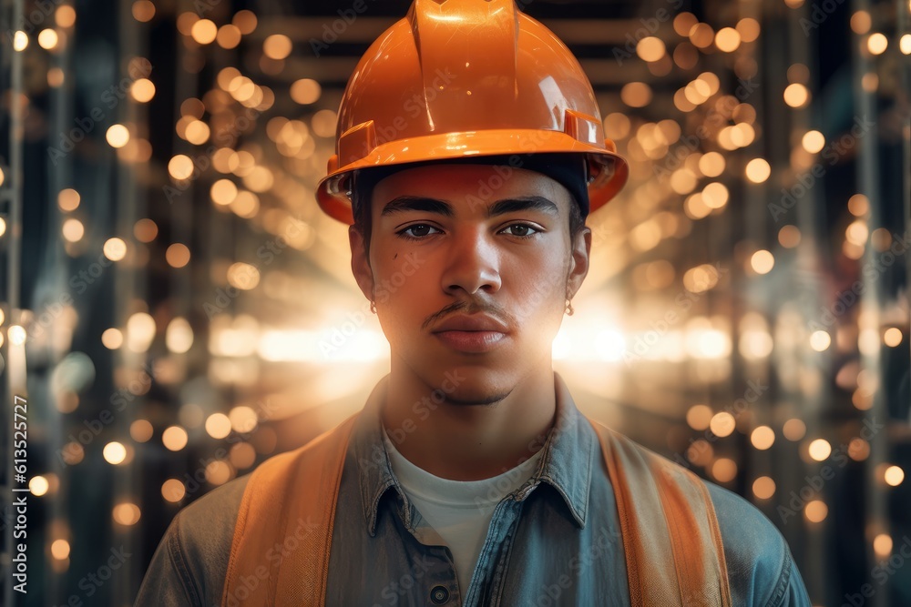 Dynamische Arbeitskraft: Junger Mann mit Schutzhelm und Sicherheitsausrüstung verkörpert Energie und kulturelle Vielfalt, Generative AI Dynamische Arbeitskraft: Junger Mann mit Schutzhelm und Sicherheitsausrüstung verkörpert Energie und kulturelle Vielfalt, Generative AI