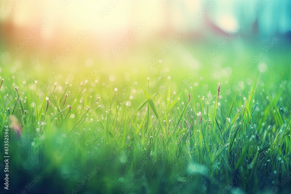 Green summer fresh grass on blurred background. Generative AI