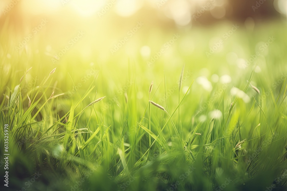 Obraz premium Abstract background of green morning grass with sunbeams. Generative AI