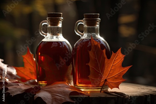Delicious organic maple syrup in glass bottles on a table with leaves. Generative AI