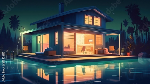 Holiday home with swimming pool at night, Bright color. Generative Ai © hassanmim2021