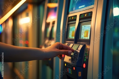 Close - up shot of a person tapping their contactless card on a bus or train ticketing machine, emphasizing the convenience and ease of using public transportation. Generative AI